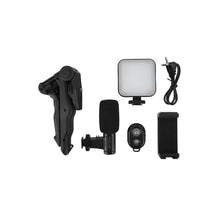 Cargar imagen en el visor de la galería, Soporte para celular 3 en 1, tripie, luz y micrófono - BGP