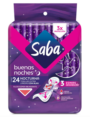 Caja Toalla Femenina Saba Buenas Noches Con Alas Flujo Super Abundante 24T/6 P - SCG
