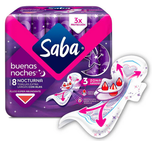 Caja Toalla Femenina Saba Buenas Noches Con Alas Flujo Super Abundante 8 T/14 P - SCG