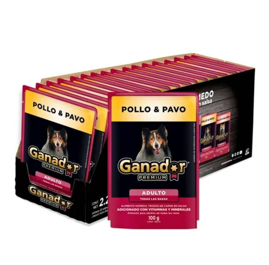 Alimento Húmedo para Perro Ganador Premium Sabor Pollo y Pavo 22 pzas de 100 g c/u - ZK