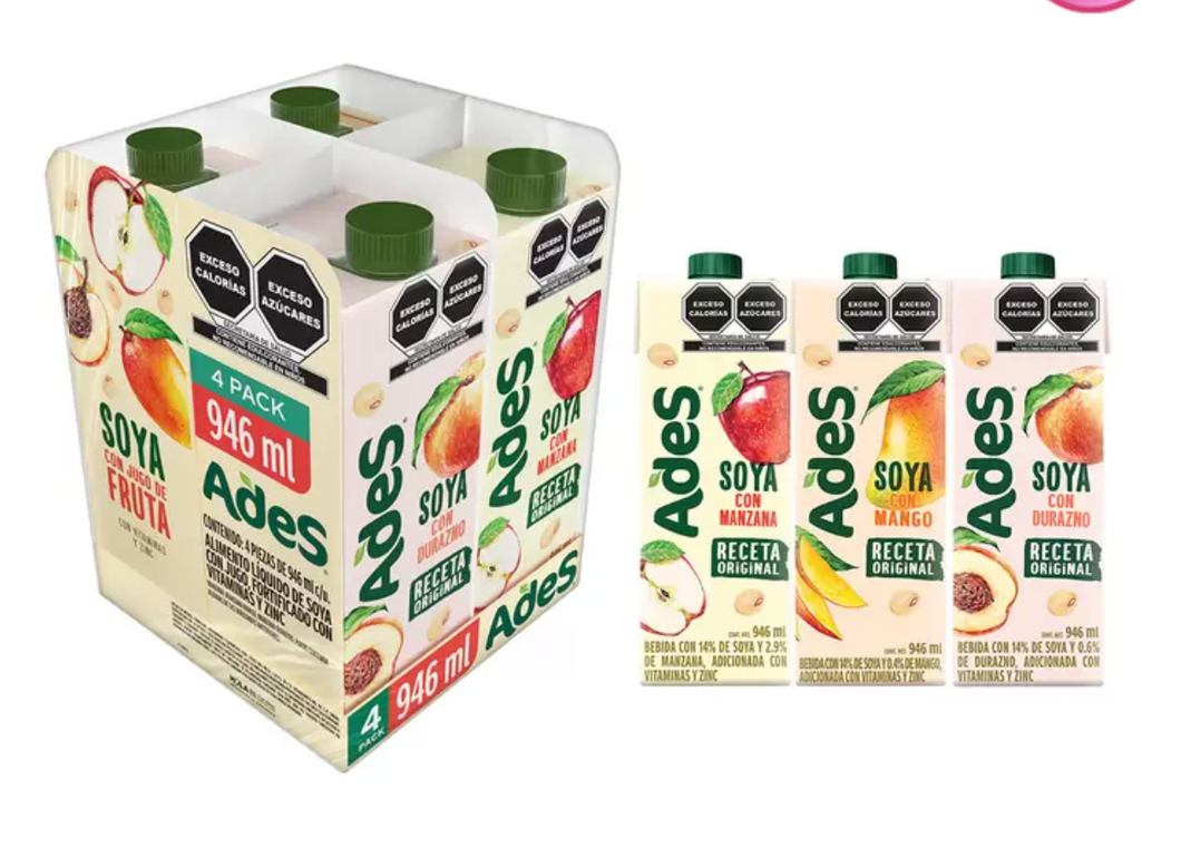 Ades Bebida de Soya con jugo de Fruta 4 piezas de 946 ml - KOZ