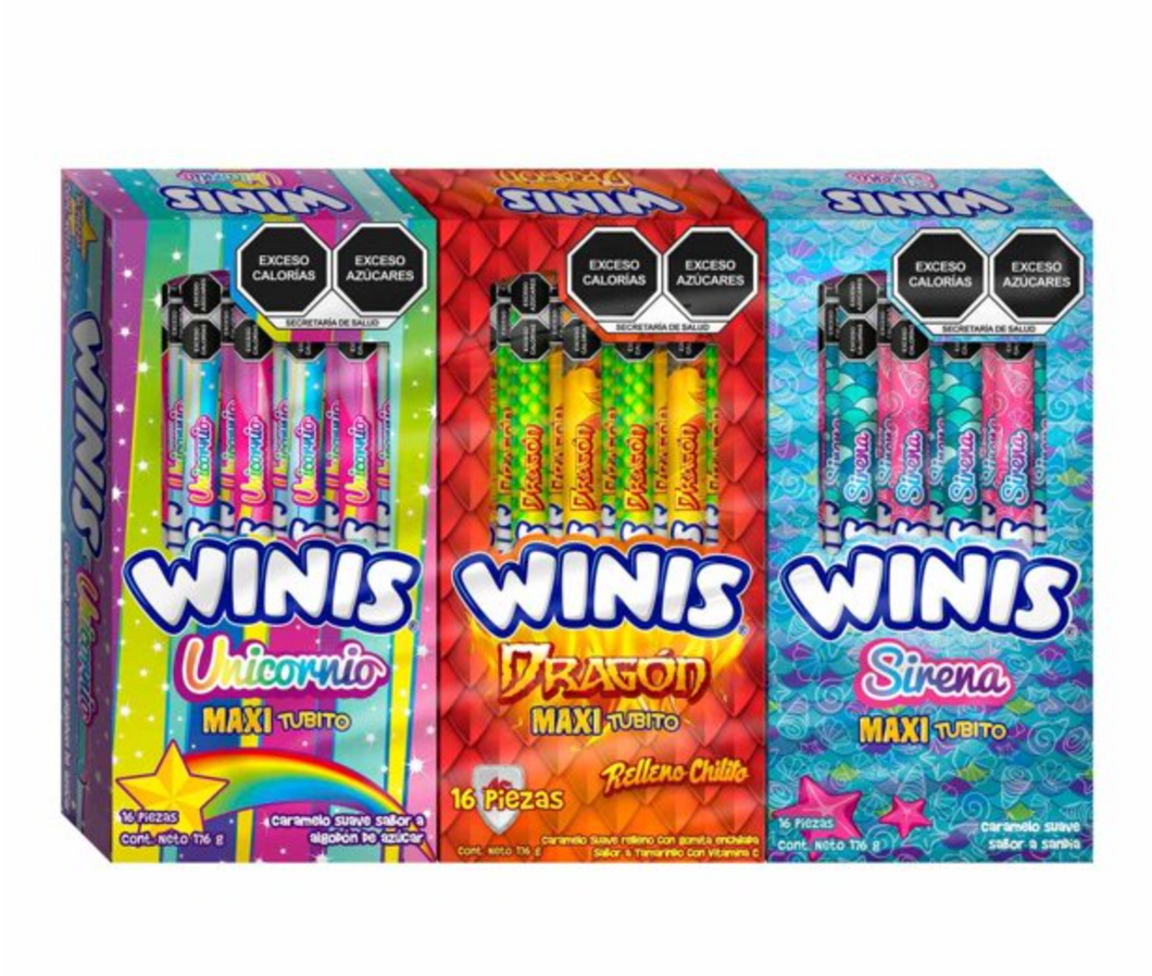 Caramelo Suave Winis Unicornio-Dragón-Sirena Maxi tubito 3 pzas de 176 g c/u - ZK