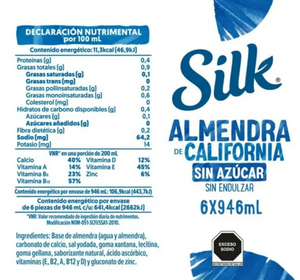 Bebida Vegetal Silk Sabor Almendra de California Sin Azúcar 6 pzas de 946 ml c/u -ZK