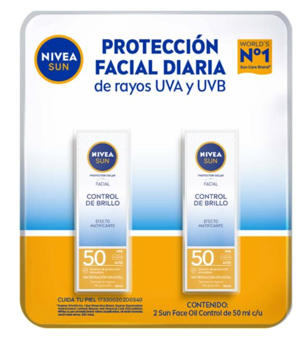Protector Solar Facial Nivea Sun Control de Brillo Efecto Mate FPS50+ 2 pzas de 50 ml c/u - ZK
