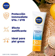 Cargar imagen en el visor de la galería, Protector Solar Facial Nivea Sun Control de Brillo Efecto Mate FPS50+ 2 pzas de 50 ml c/u - ZK
