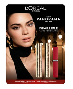 Máscara de Pestañas L'Oréal Panorama 2 pzas 9.4 ml c/u + 1 Le Matte Resistance 5 ml - ZK