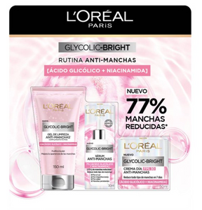 Rutina Anti-Manchas L'Oréal Glycolic Bright Gel 150 ml + Serum 30 ml + Crema 50 ml - ZK