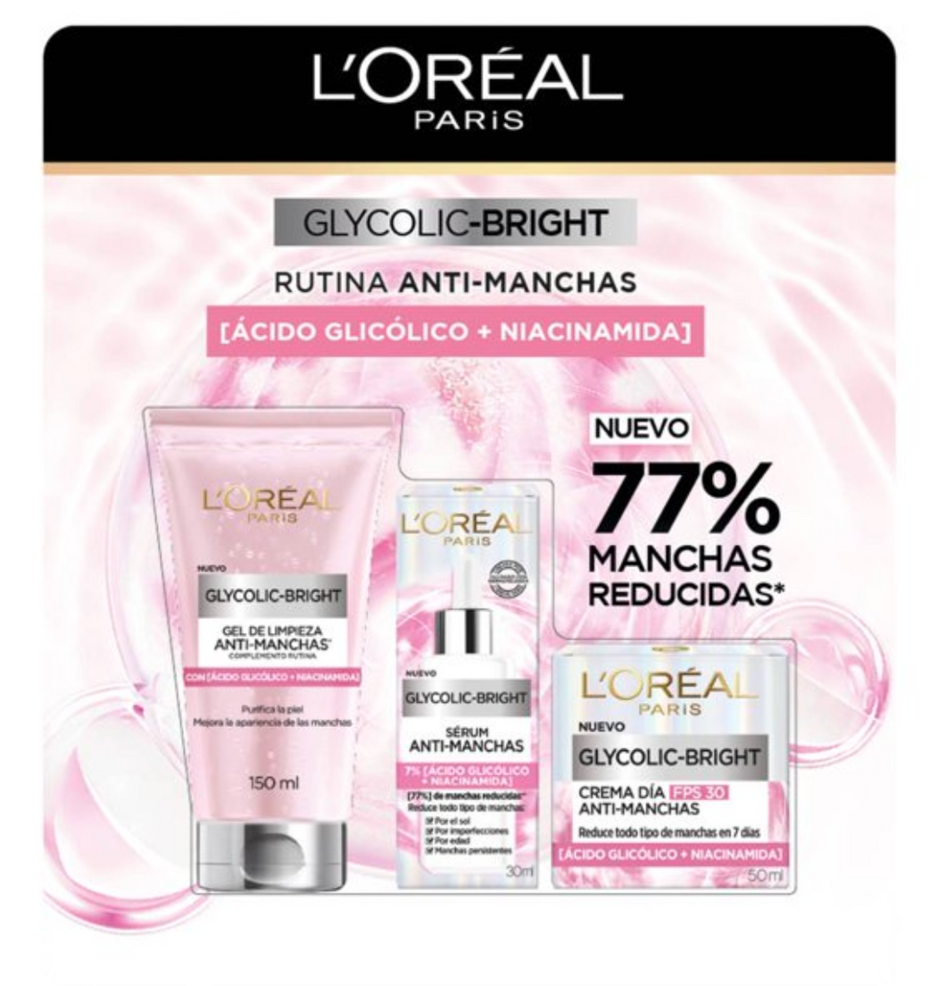 Rutina Anti-Manchas L'Oréal Glycolic Bright Gel 150 ml + Serum 30 ml + Crema 50 ml - ZK