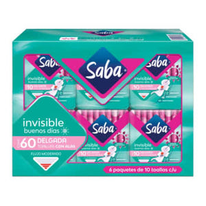 Toallas Sanitarias Saba Invisible 6 Paquetes con 10 Pzas c/u - ZK