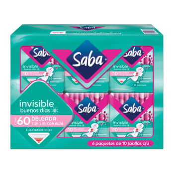 Toallas Sanitarias Saba Invisible 6 Paquetes con 10 Pzas c/u - ZK