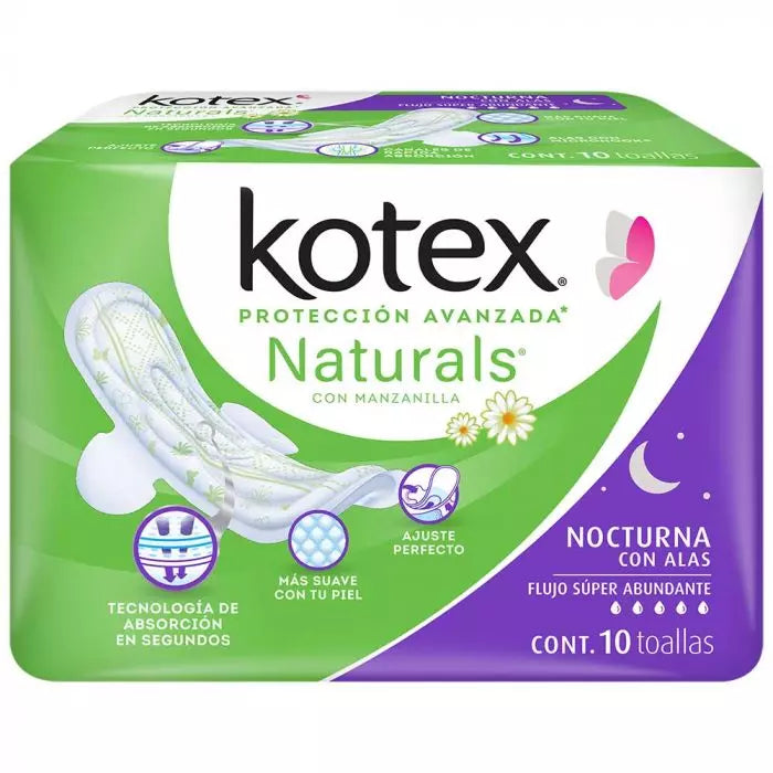 Caja toalla femenina Kotex manzanilla nocturna C/A 8C/10P - SCG