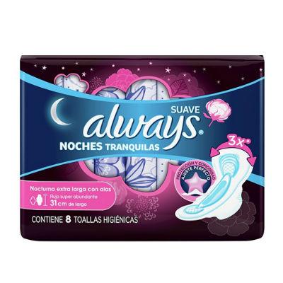 Caja de toallas Always Noches tranquilas suave larga con alas en 12 paquetes de 8 piezas - Procter & Gamble-Toalla Femenina-Procter &Gamble-MayoreoTotal