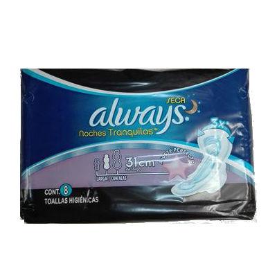 Caja toallas femeninas Always noches tranquilas seca larga con alas en 12 paquetes de 8 piezas - Procter & Gamble-Toalla Femenina-Procter &Gamble-MayoreoTotal